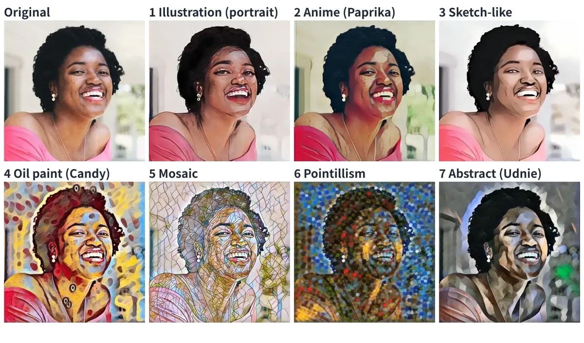 Seven styles generated from one photo: three illustration styles and four painting styles