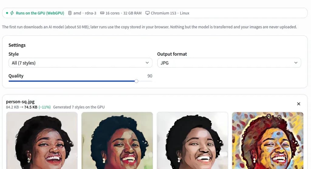 The stylizer screen showing "Generated 7 styles on the GPU" with the resulting thumbnails