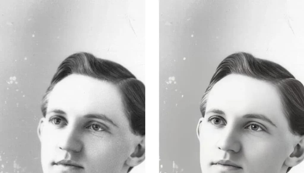 1900年ごろの肖像写真の復元前後。左は粒子が粗く、右は目や肌の輪郭が鮮明になっている