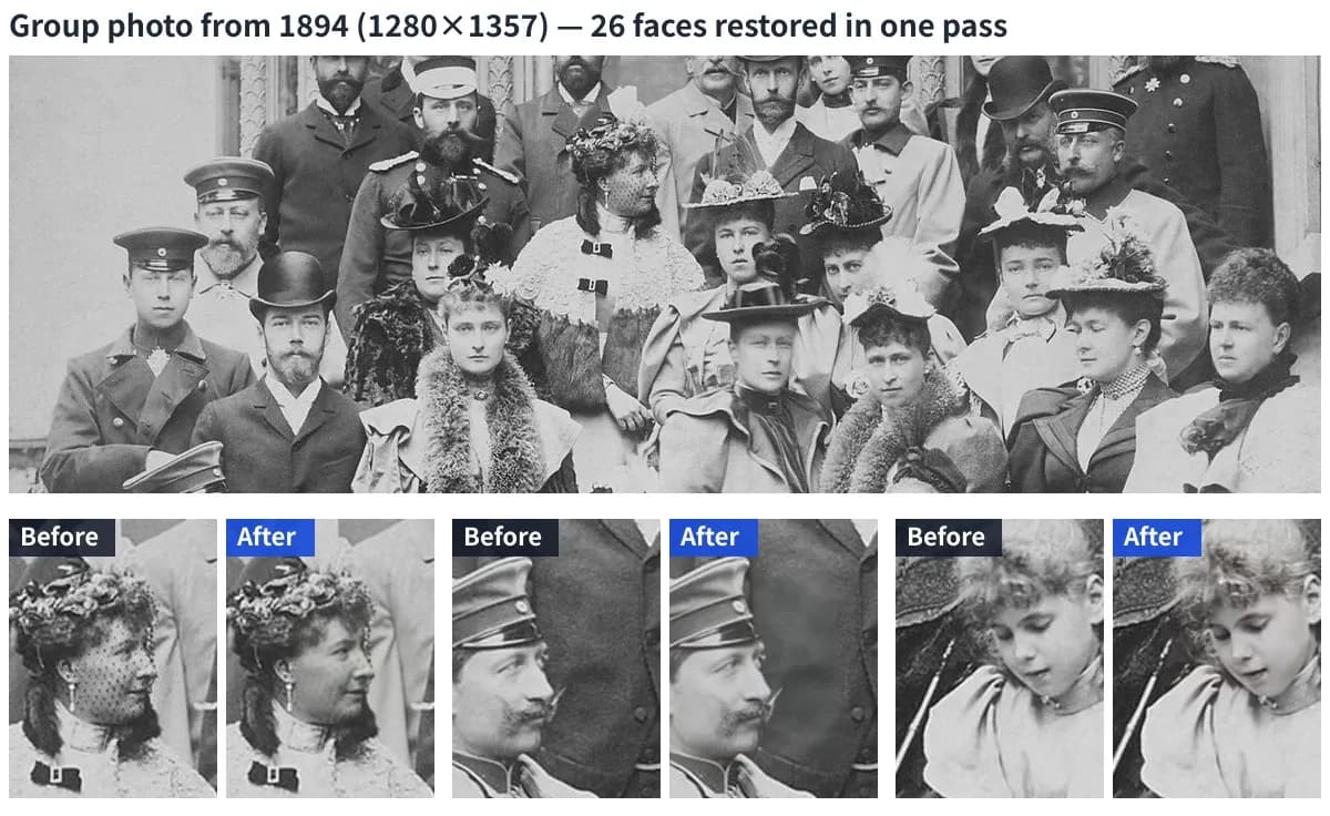 The whole 1894 group photo plus three faces cropped and enlarged, before and after; only the faces are sharper while hats and fur are unchanged