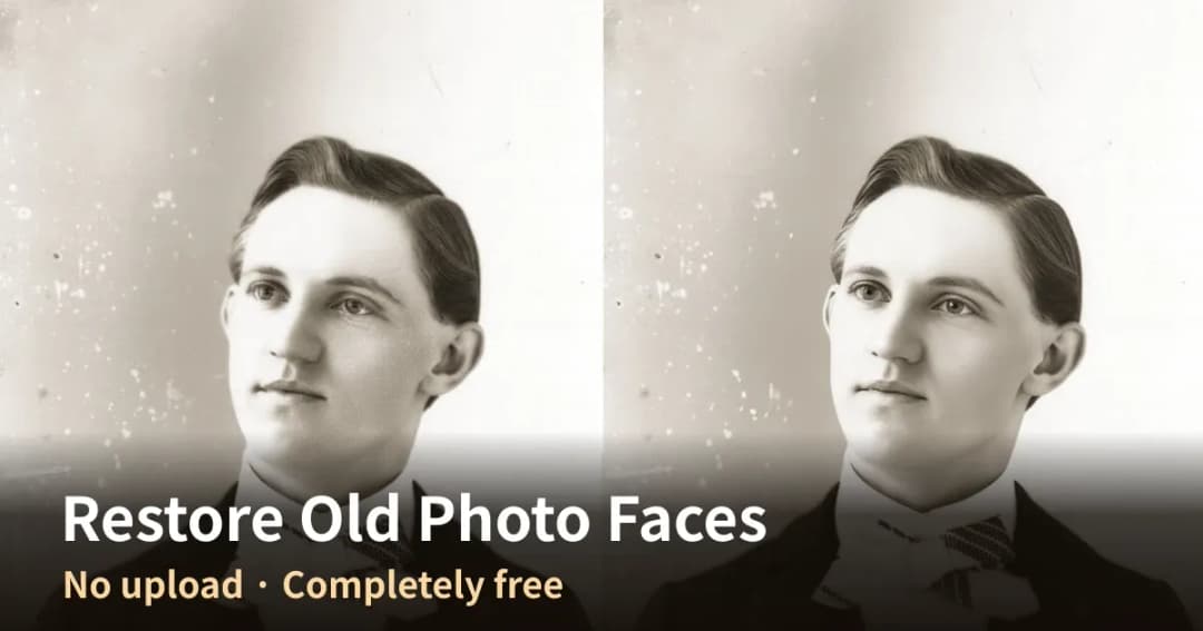 A portrait from around 1900 shown side by side, with the right half restored by AI and visibly sharper
