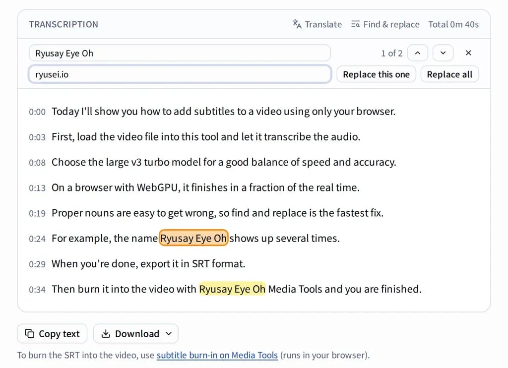 The "Find & replace" panel open on the transcription result, with matches highlighted and a replacement ready, and the "Copy text" and "Download" buttons below it