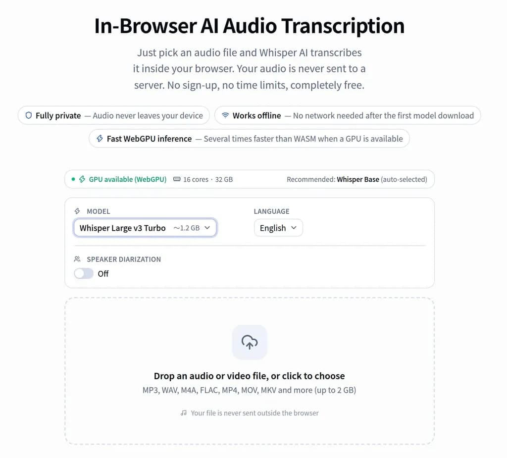 Transcriber with Whisper Large v3 Turbo selected as the model and speaker diarization switched off