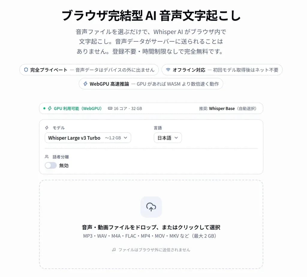 Transcriber でモデルに Whisper Large v3 Turbo を選び、話者分離をオフにした画面