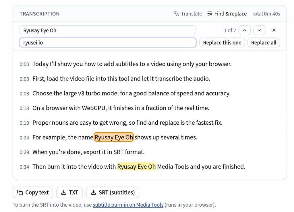 The "Find & replace" panel open on the transcription result, with matches highlighted and a replacement ready
