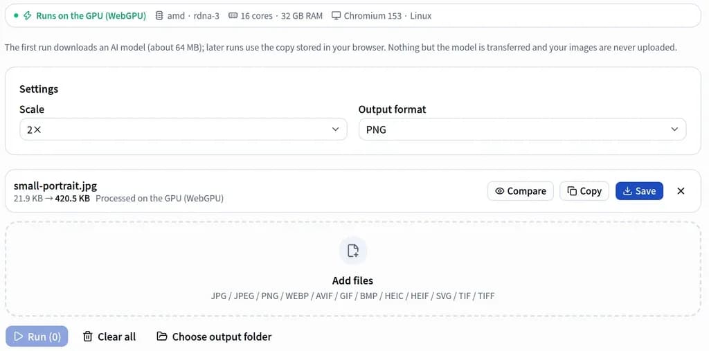 The AI upscaler screen showing "21.9 KB → 420.5 KB Processed on the GPU (WebGPU)" below the settings