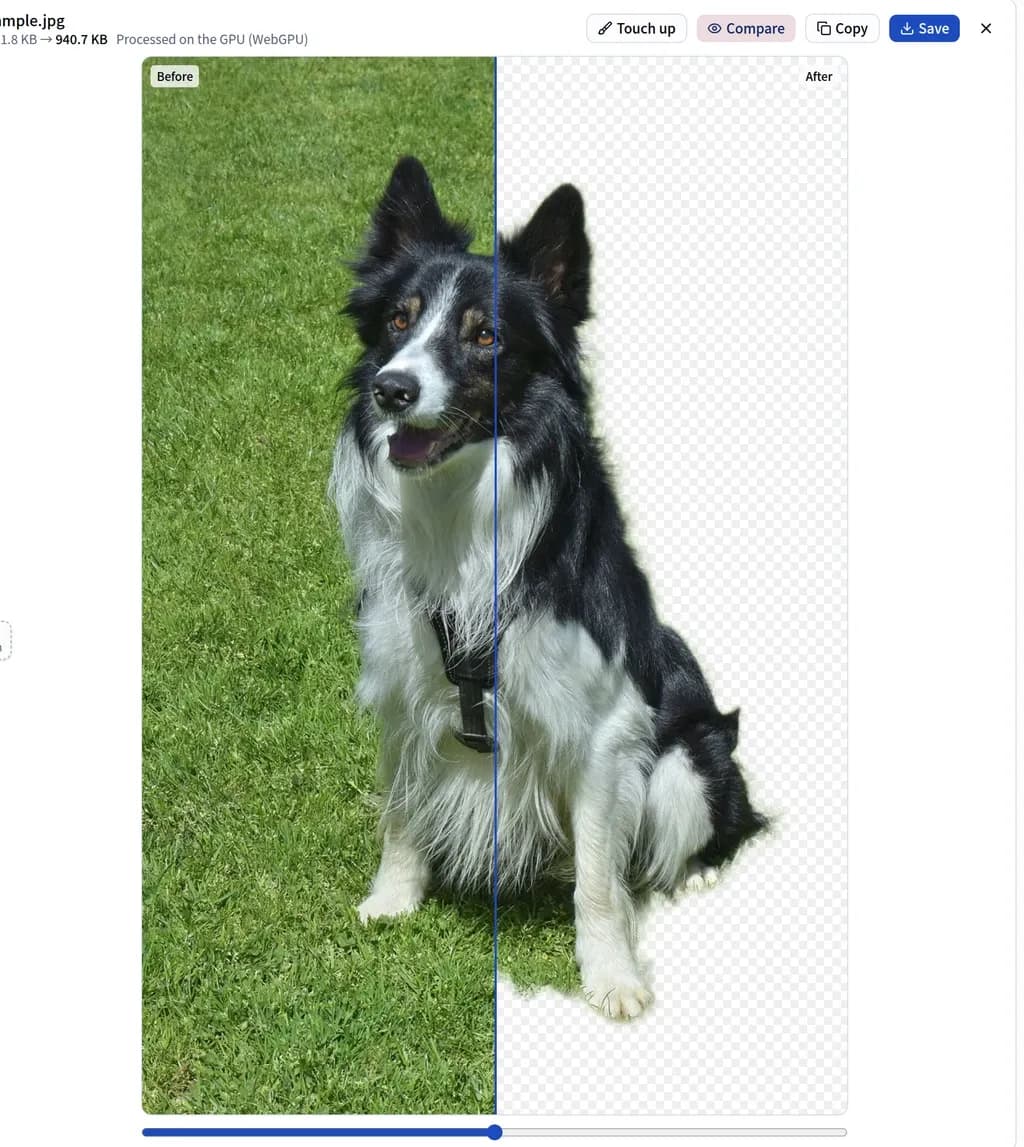 The result of removing the background from a photo of a dog sitting in grass: the original on the left half, the cut-out on the right