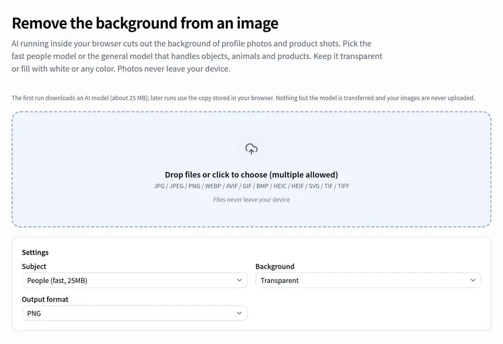 The settings panel of the background removal tool, showing subject, background and output format