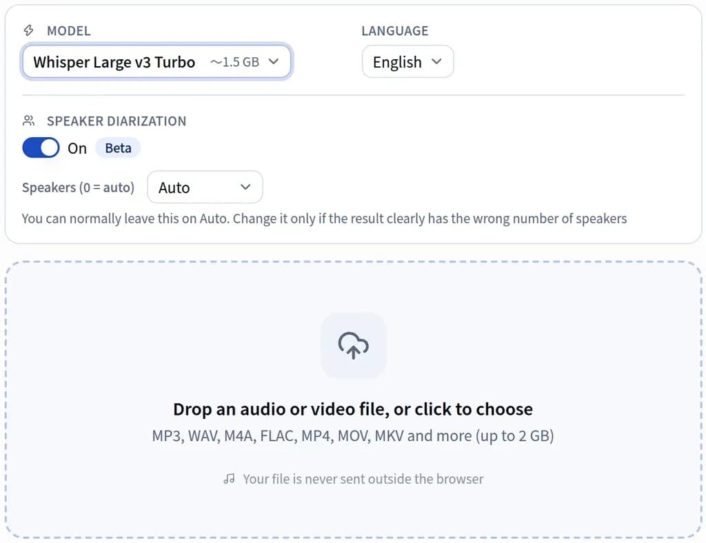 The Transcriber settings: model (Large v3 Turbo) and language selection, the speaker diarization switch (On), the speaker count (Auto) with its hint, and the drop area for audio or video files up to 2 GB.