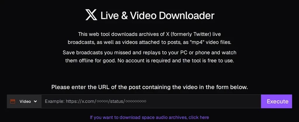 The X Video Downloader home screen, with the field for pasting a post URL and the Execute button