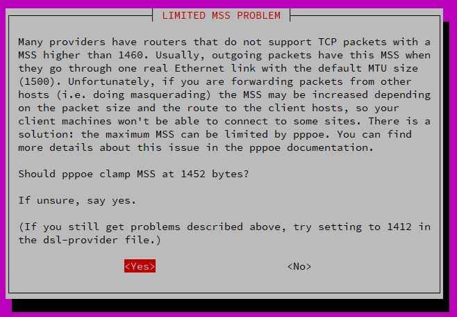 多くのプロバイダーは、1460以上のMSSを持つTCPパケットをサポートしないルーターを持っています。デフォルトのMTUサイズ(1500)のイーサネットを経由する場合、発信パケットはこのMSSを持つ。残念なことに、他のホストからのパケットを転送している場合（つまりマスカレードをしている場合）、パケットサイズとクライアントホストへのルートによってMSSが大きくなる可能性があります。解決策があります: pppoeで最大MSSを制限することができます。この問題についての詳細は pppoe のドキュメントを参照してください。(それでも上記のような問題が発生する場合は、dsl-providerファイルで1412に設定してみてください。)