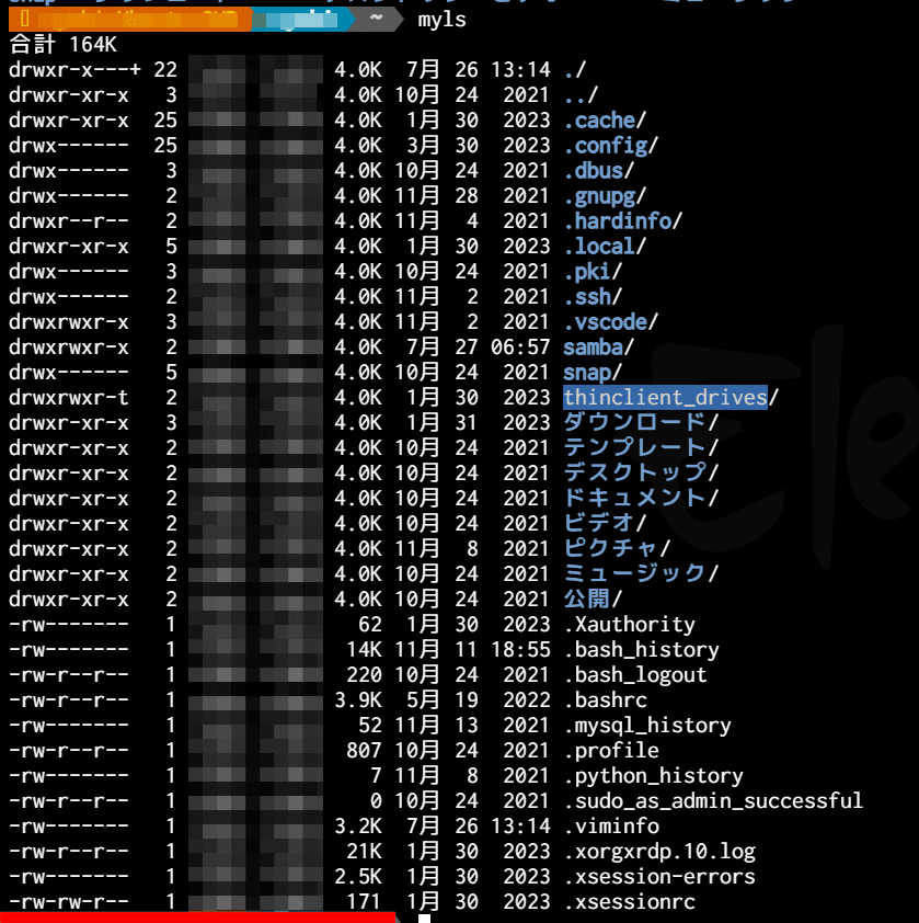 上記のオプション付きでlsコマンドを実行した結果のスクリーンショット